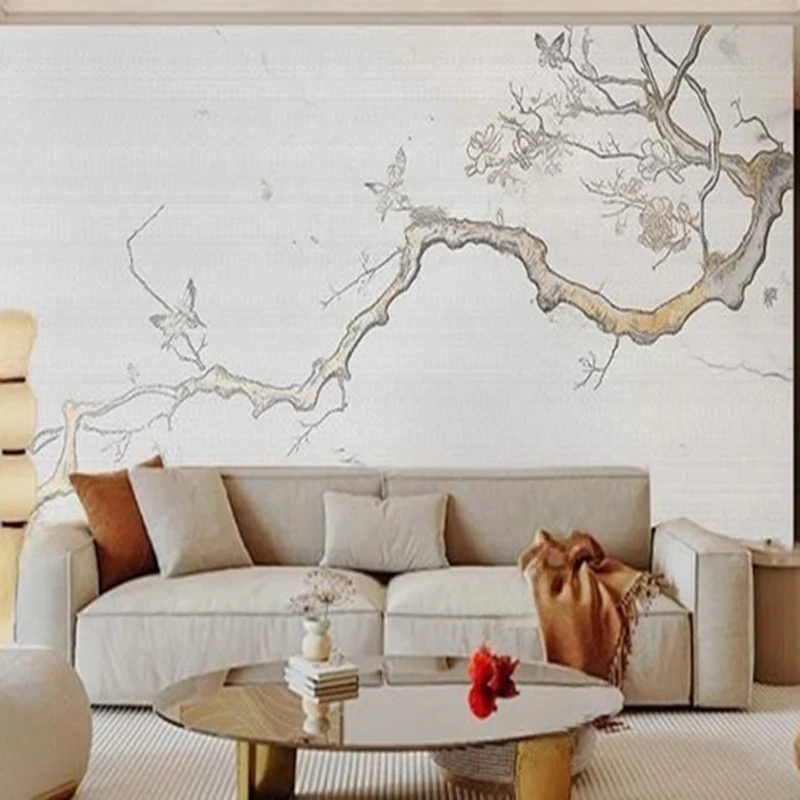 

Chinese Style Custom Modern Minimalist Hand-painted Pine Tree Flower Butterfly Mural Wallpaper for TV Sofa Background Home Decor