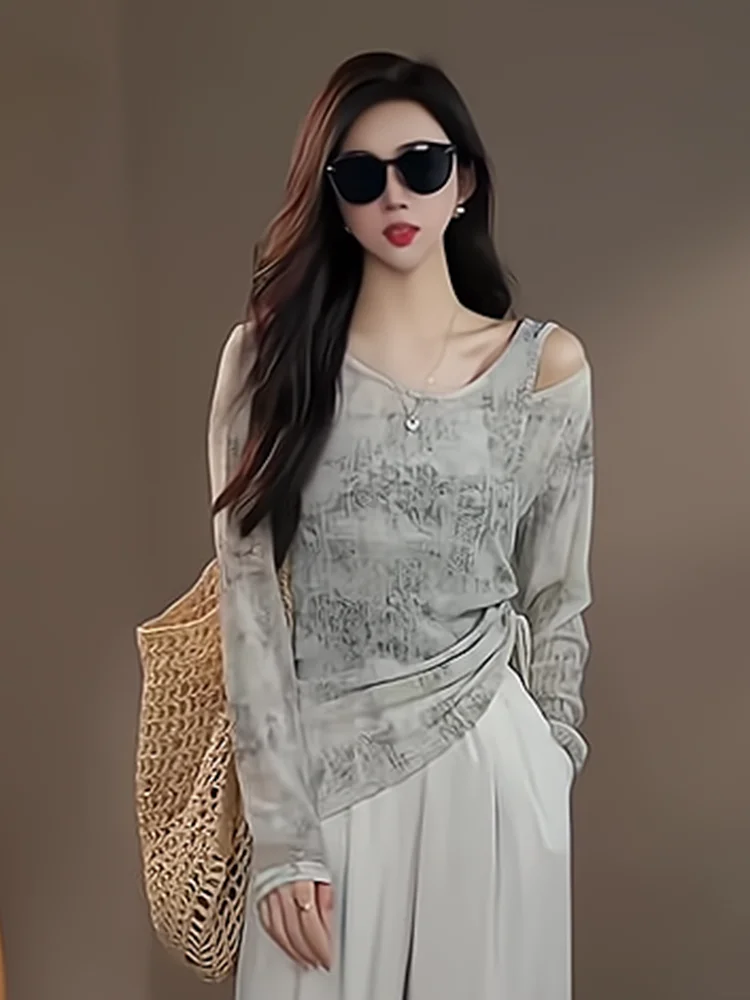 

Tie-Dye Long Sve ort Length Women's T-irt Irregular Design Slimming Fit oulder Bared Korean Sle Commute Faion