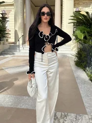 Tossy Ruffled Knit Sweater Cardigan Female Lace-Up Patchwork Long Sleeve Cropped Top Coat Streetwear Autumn Women's Knitwear Top