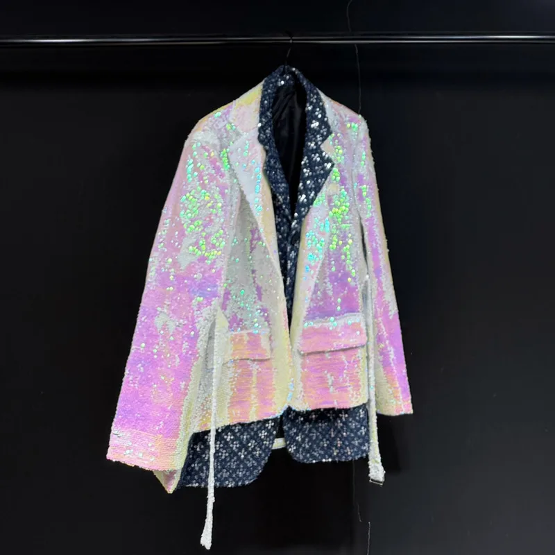 WVGA Autumn Winter New Men Trendy Sequin Patchwork Blazers Niche Chic Casual Heavy Punk Turn-Down Collar Suit Jackets Ins W17564
