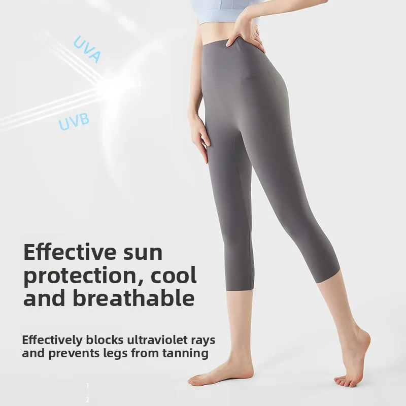 Calças de Yoga Brancas de Cintura Alta, Comprimento Sete-Oito, Leves para o Verão, Calças de Ciclismo Sem Cós, Calças Longas para Andar de Bicicleta