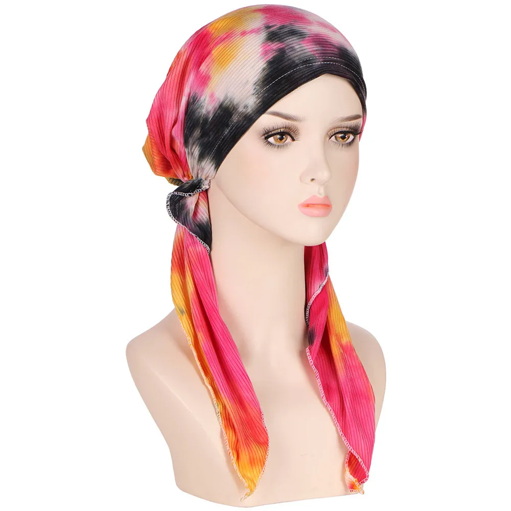 Women Pre-Tied Turban Hijabs Chemo Cap Bonnet Stretch Muslim Women Long Tail Hat Beanie Bandana Hair Loss Head Wrap Scarf Cover