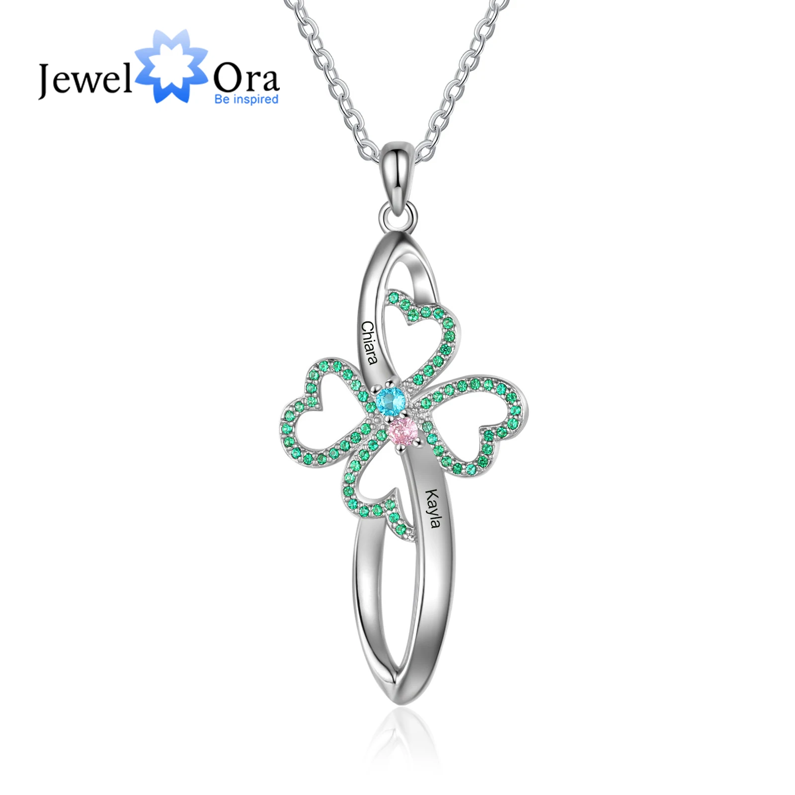 

Personalized Heart Shaped Four Leaf Clover Cross Necklace with 2-4 Birthstones Customize Engraved Name Pendants Mothers Day Gift