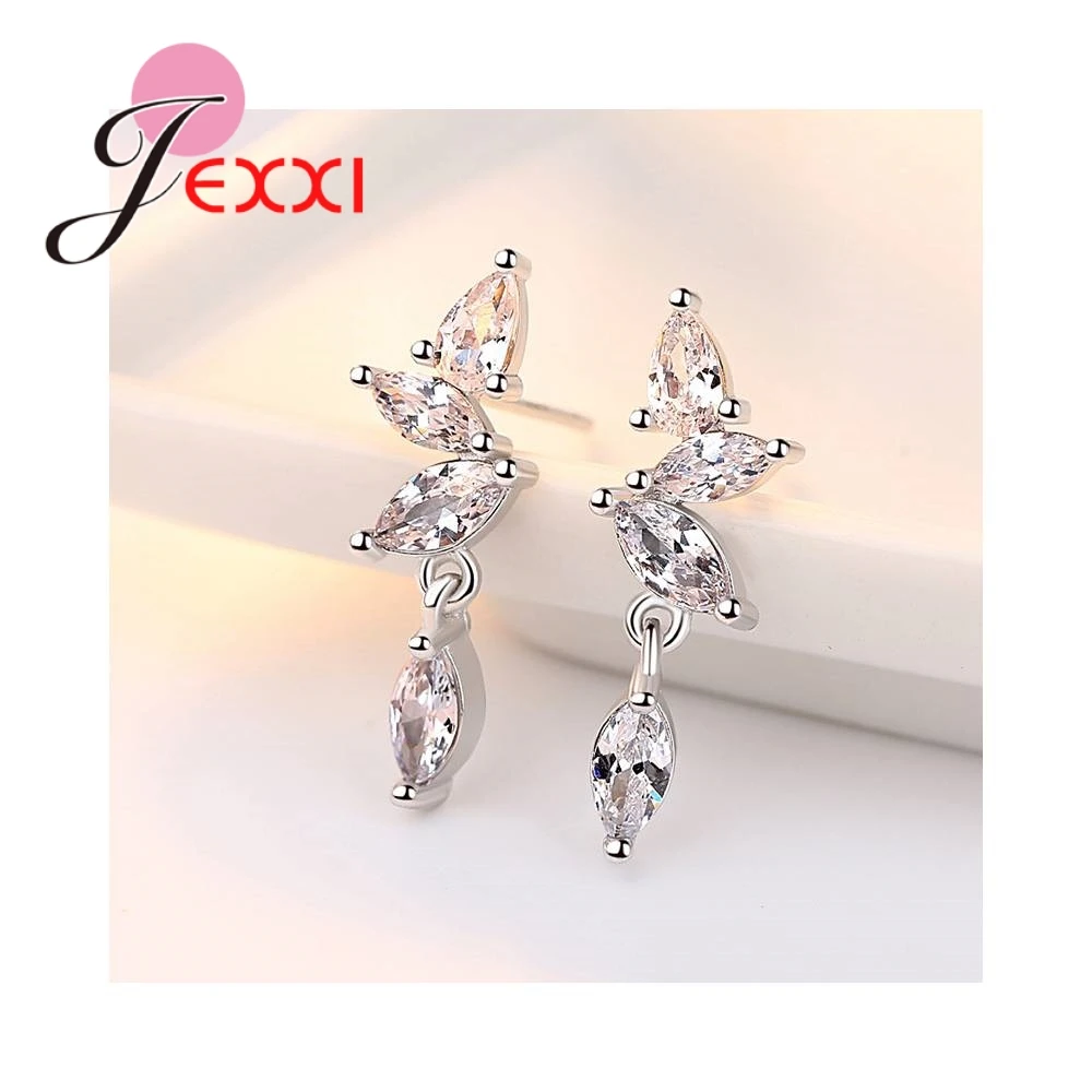 Top Quality Elegant Real 925 Sterling Silver Sparkling Zircons Leaf Drop Earrings For Women Wedding Bride Brincos Jewelry