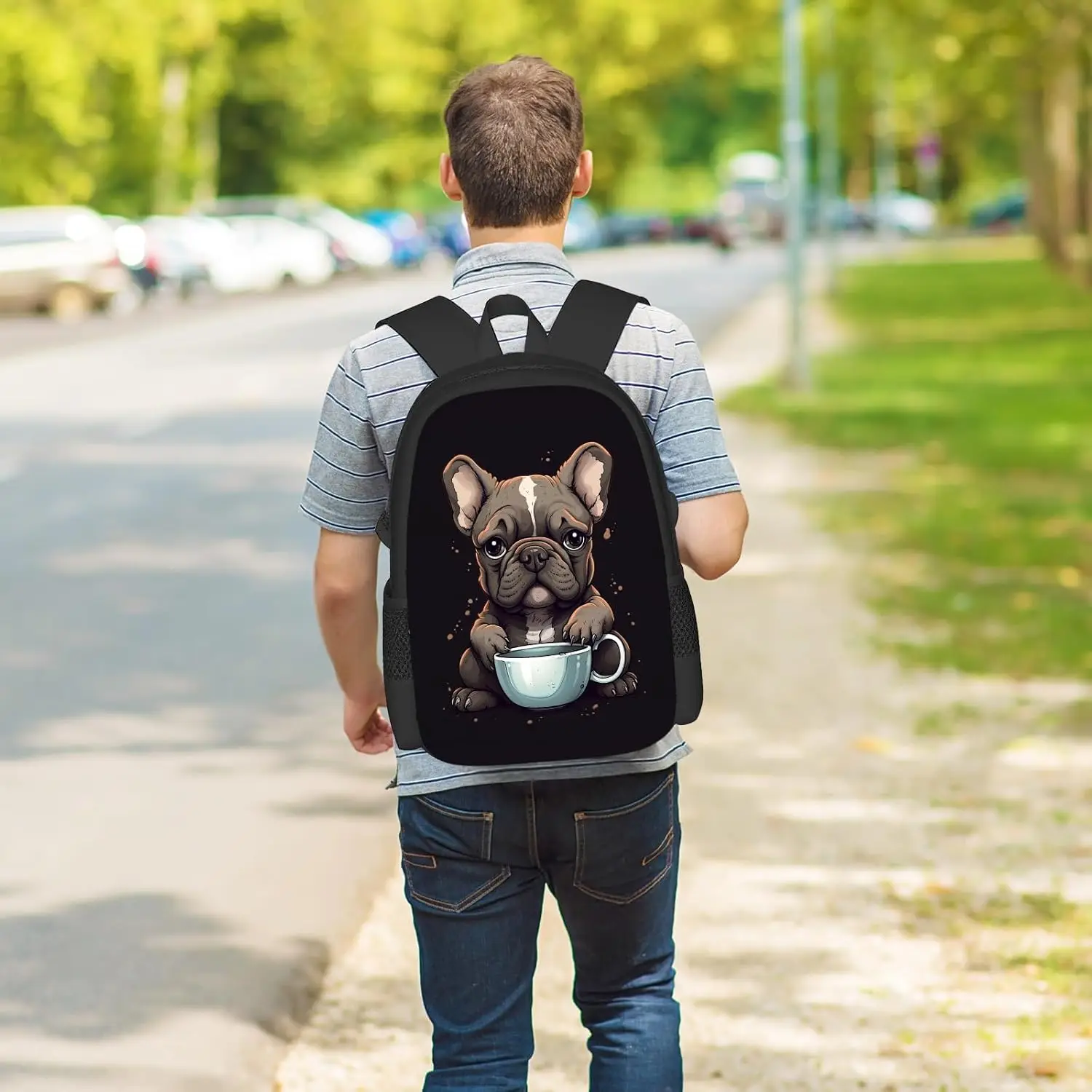 フレンチブルドッグバックパック男の子女の子かわいい犬子犬フレンチブルドッグドリンクコーヒーランドセル小学校中学校