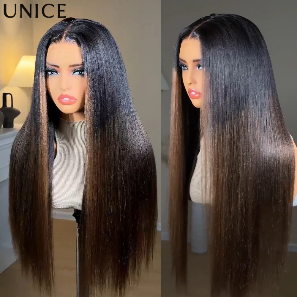 

UNice Chestnut Brown Ombre Yaki Straight Human Hair Wigs 7x5 13x4 Lace Glueless Wigs & V Part Wigs