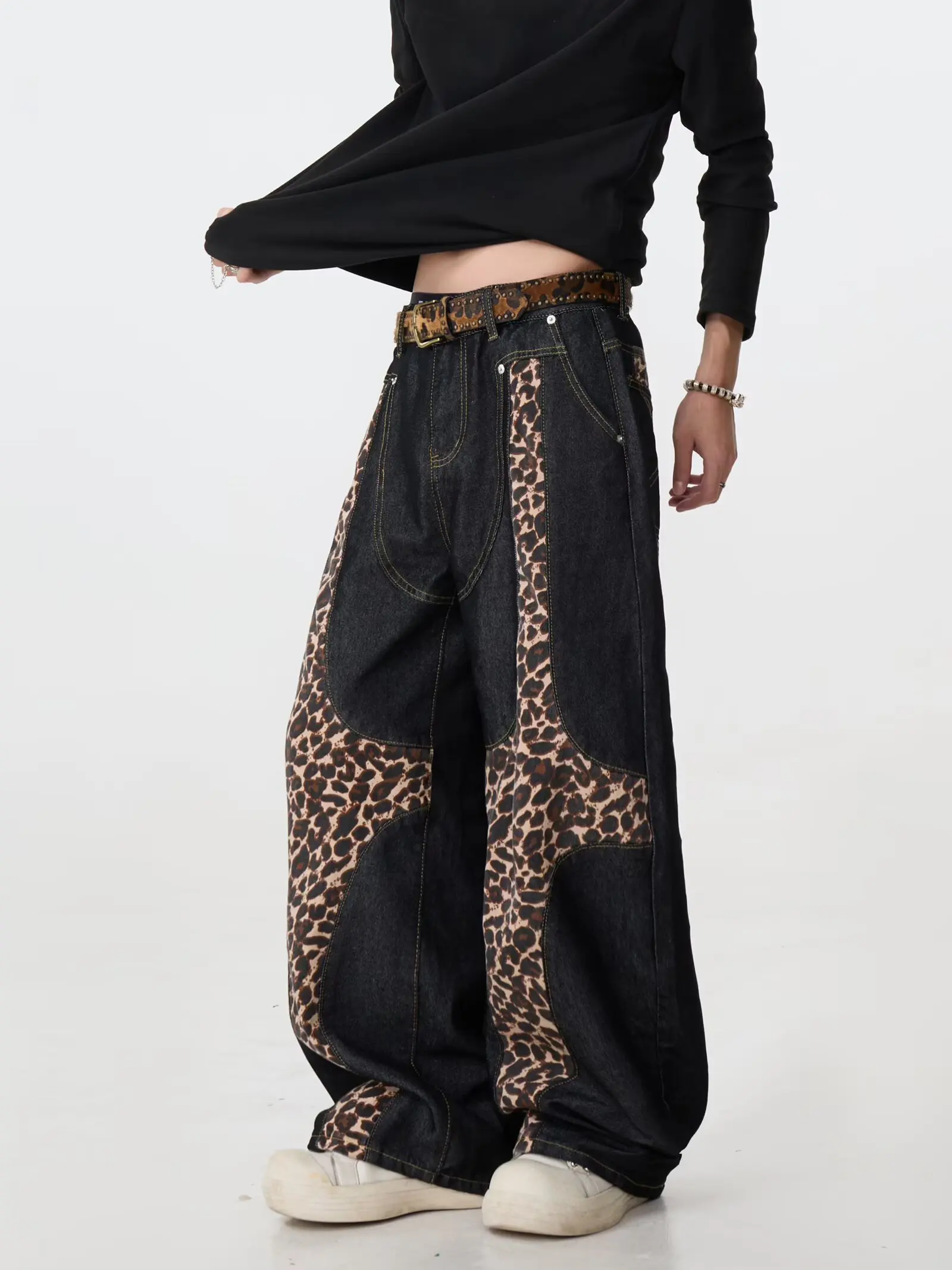 Black Splicing Leopard Y2k Baggy Jeans Harajuku Vintage Wide Leg Denim Trousers 90s Style Oversize Boyfriend Jeans Pants