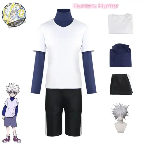 Hunter x Hunter Killua Zoldyck Cosplay Costume Number 99 Badge Halloween Christmas Party Cosplay Suit Shirt Short White Wig