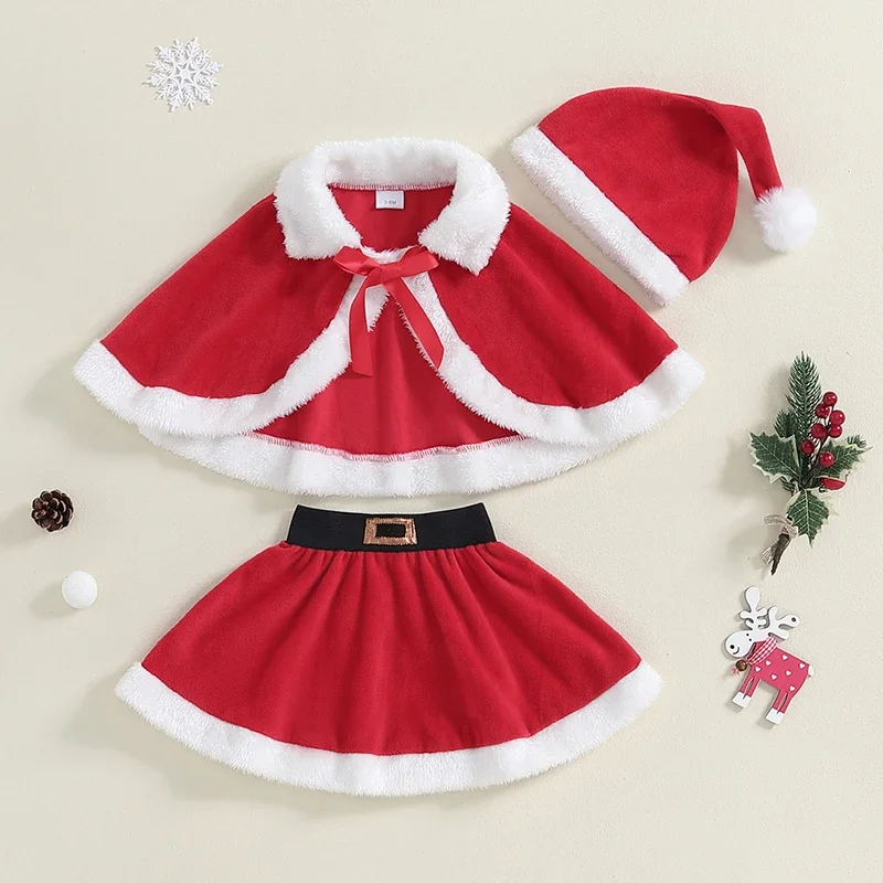 Baby Girls 3Pcs Christmas Outfits Red Fur Trim Cape + Skirt + Santa Hat Set Holiday Costume