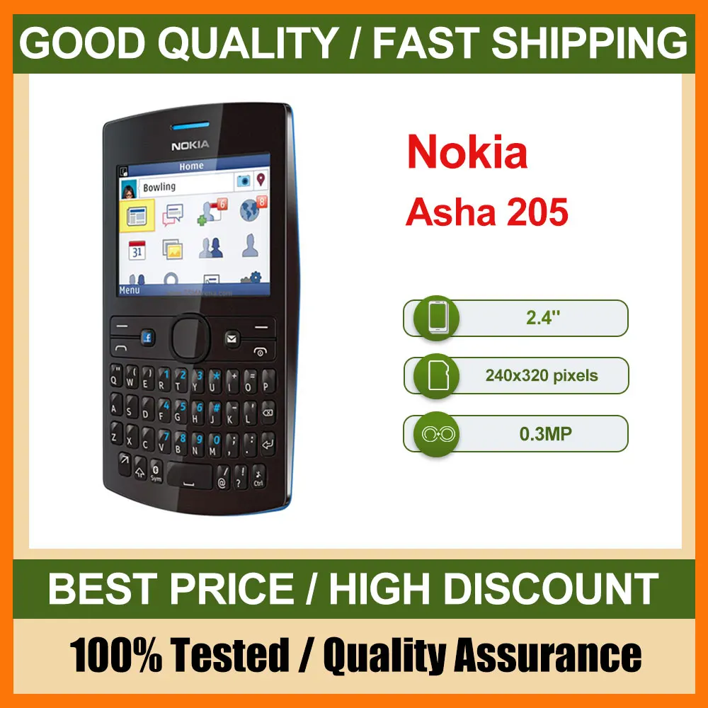 هاتف Nokia Asha 205 الأصلي مصنوع في فنلندا يدعم اللغة الإنجليزية بحالة جيدة
