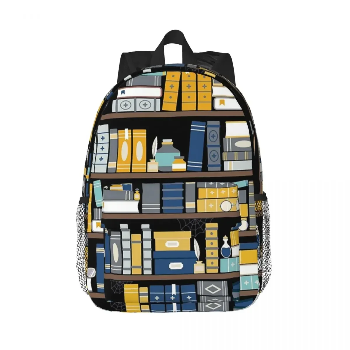 Bookcase Pattern - Blue Yellow Library Backpacks Teenager Bookbag Cartoon Students School Bags Travel Rucksack Shoulder Bag