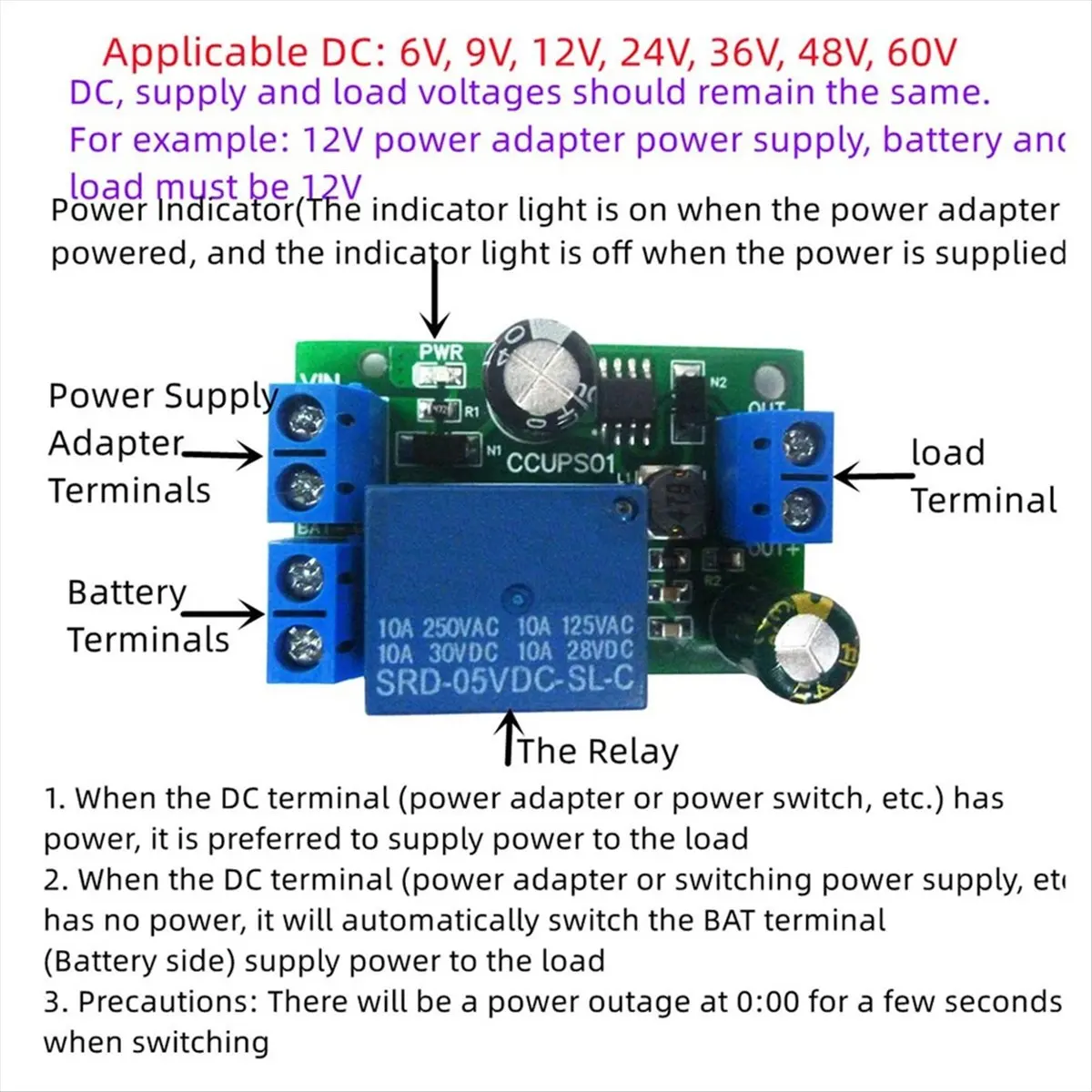 sixsix CCUPS01 UPS Emergency Cut-Off Board DC6V-60V Control Board Power-OFF Protection Automatic Switching Module Without Shell