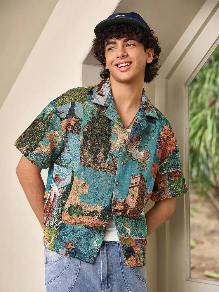 Men s Fashionable Box Shaped Short Summer Shirt With Random Oil Painting Element Pattern Oversized Heavyweight Quality Fabric