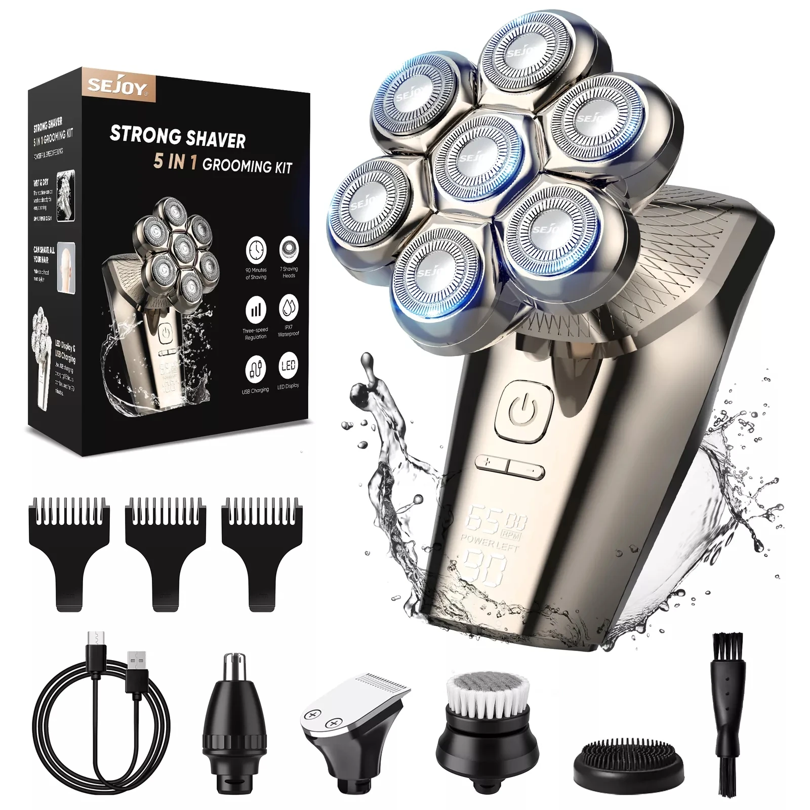 Sejoy 5 IN 1 LED Display Electric Head Shavers with Nose & Ear Trimmer for Bald Men 7 Floating Heads Bald Head Shavers for Men