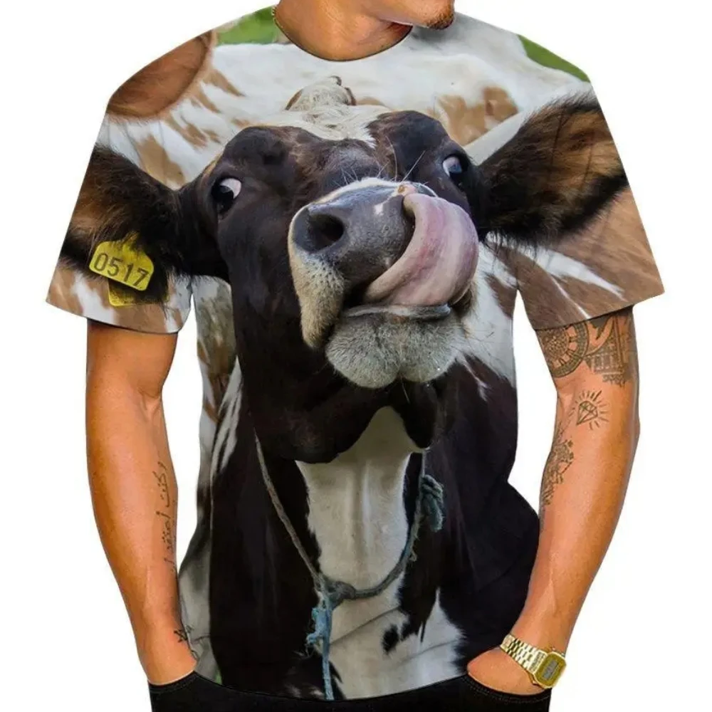 Funny Cow Graphic Men's T-Shirt 3D Animal Print Summer Short Sleeves Loose Lightweight Tops Outdoor Casual O-Neck Men's Clothing