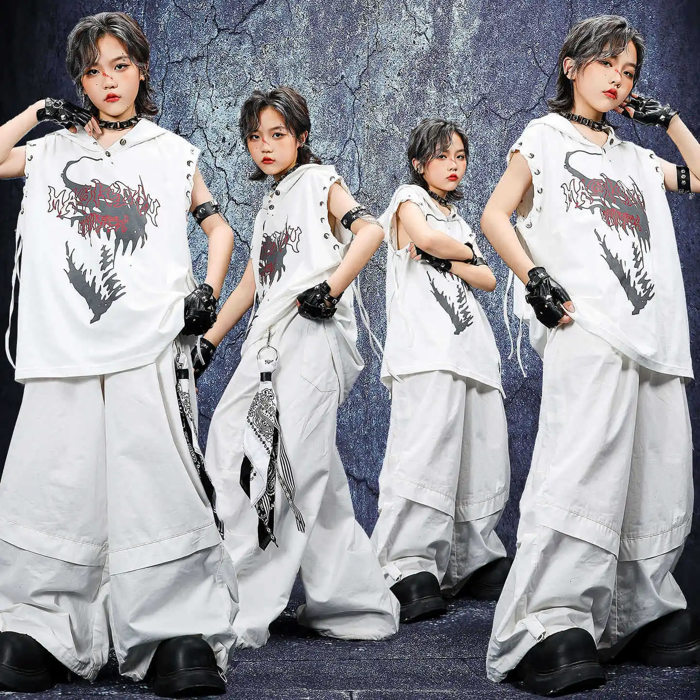 

Kid Kpop Hip Hop Clothing White Print Hoodie Tank Top Casual Wide Parachute Pants for Girl Boy Jazz Dance Wear Costumes Clothes