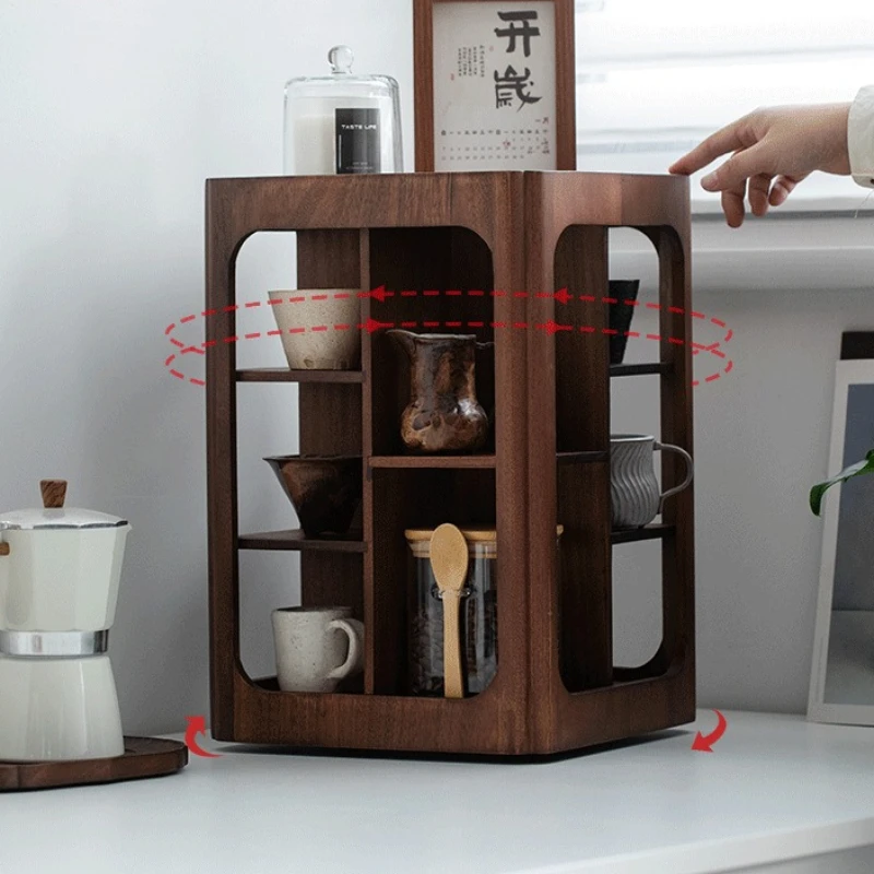 Rotatable Storage Shelf Solid Wood Retro Teacup Holder Minimalist Multi Layer Jewelry Racks Living Room Desktop Storage Rack