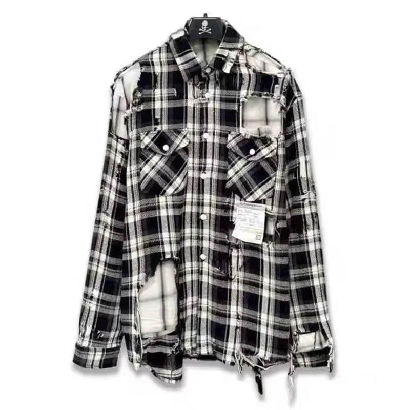 High Quality New 25SS MIHARA Japanese Black and White Plaid Damaged Double Layer Shirt Coat