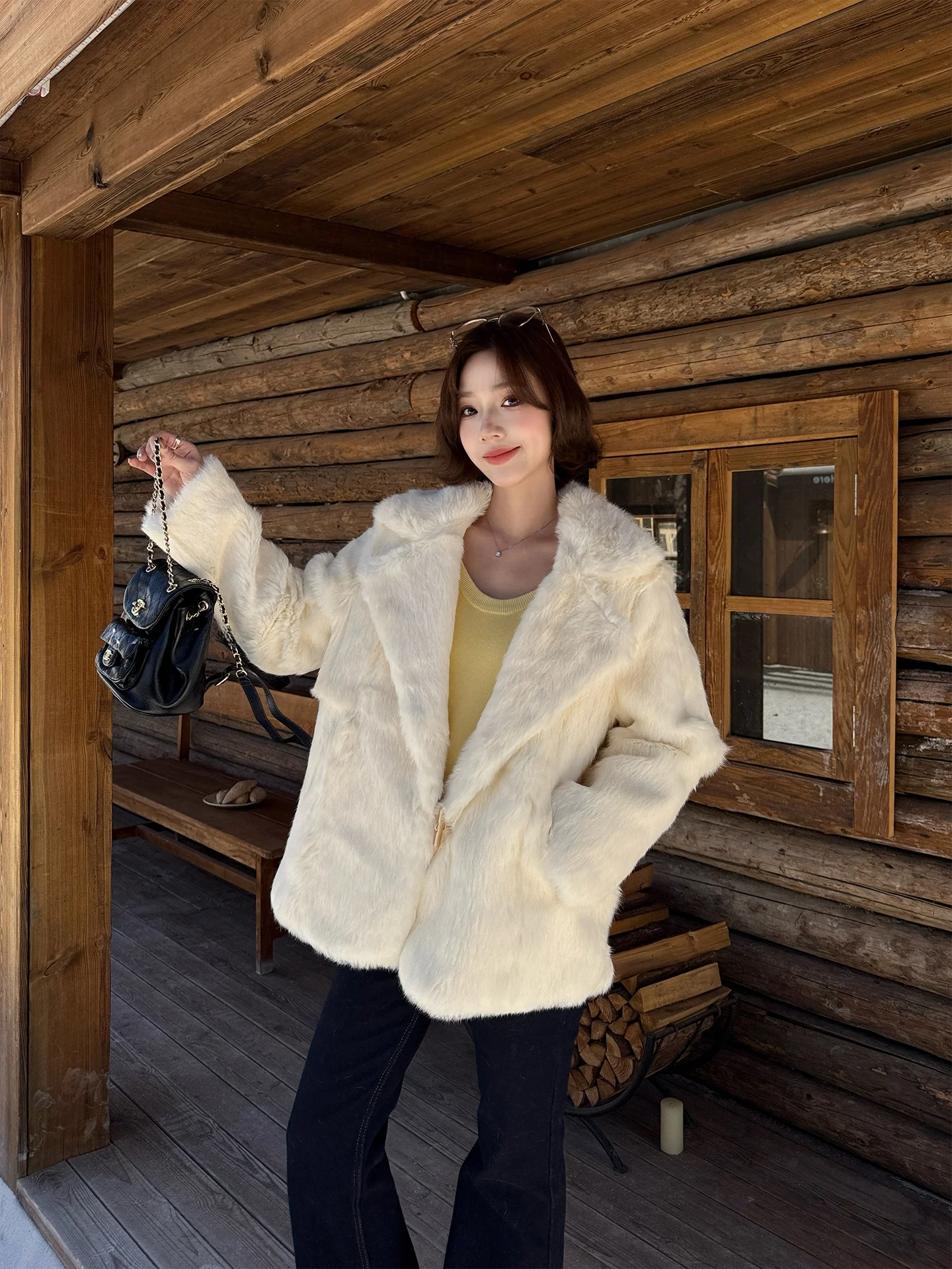 First Snow Rabbit Fur Jaet Women's Winter Coat Luxury Warmth Straight Cut Long Sve Button Closure White Leather Outerwear