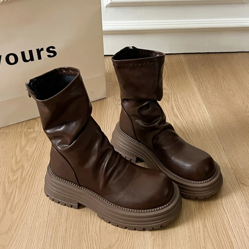 

Женские ботильоны на плоской подошве и платформе, спортивные кроссовки, кожаная обувь, зима 2025 г., модные ботинки челси, прогулочные повседневные ботинки Mujer Zapatillas