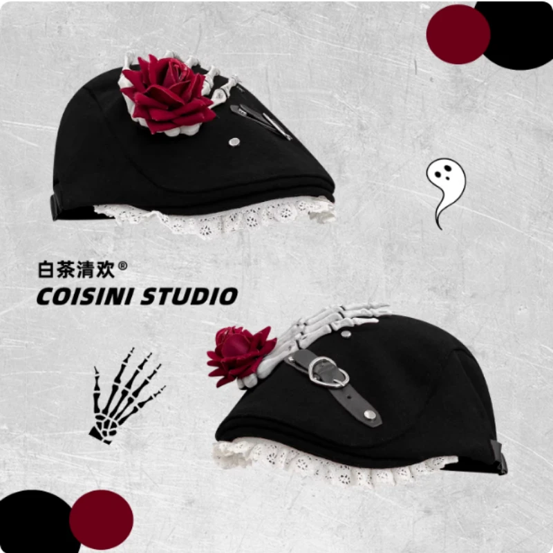 

Модная теплая кепка-художник в стиле Y2K Dark Gothic с коротким козырьком и розовым декором для женщин, осенне-зимняя коллекция