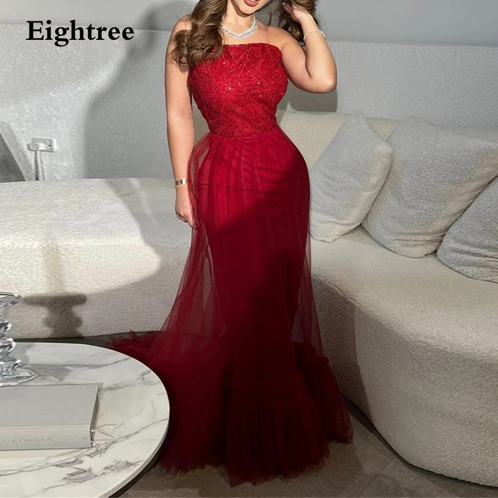 

Eightree Elegant Burgundy Prom Dresses Mermaid Strapless Tulle Pleat Abendkleider Dubai Robes De Soirée Party Dresses 2023