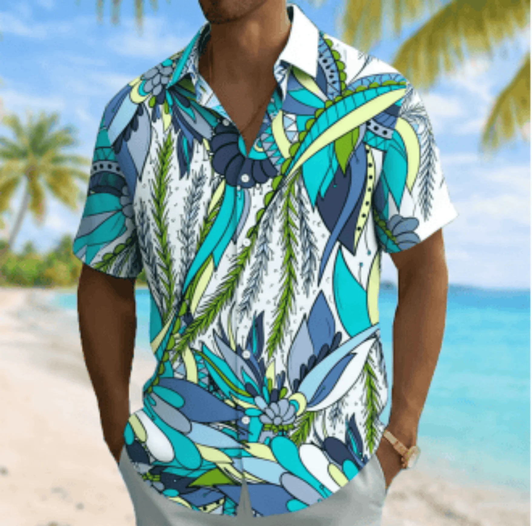 

Men's Abstract Botanical Print Short Sleeve Shirt, Spring Summer Casual Vacation Turn-Down Collar Blouse, Loose Fit Top