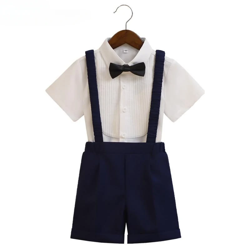 

2024 Boys Flower Girl Costumes for Weddings Kids Children White Bow Shirt + Overalls Suit Summer Gentleman Clothes Outfit Set