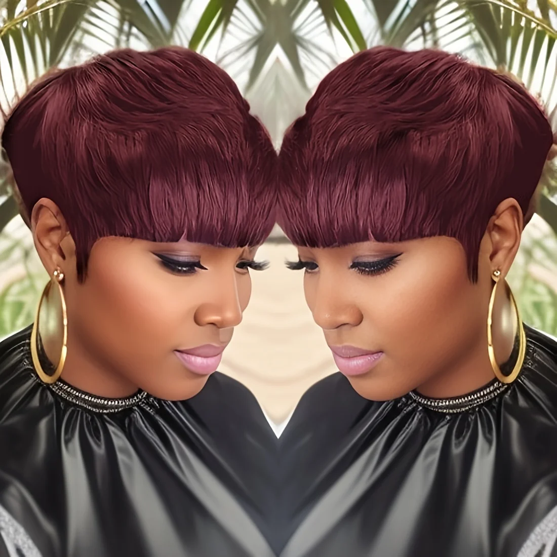 

pixie cut 6inch natural black 99j brown color remy hair wig 150% denisty machine made short straight human hair wig daily party