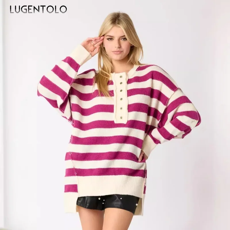 

Women Casual Sweater Color-blocking Half-collar Button Striped Pullover Asymmetrical Hem Stylish Loose Street Party Top