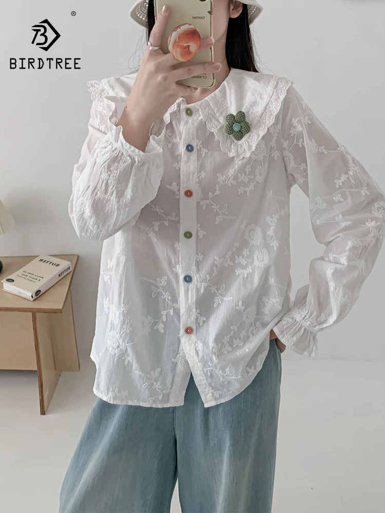 

Новая женская хлопковая рубашка с длинным рукавом Весна 2026, с вышивкой и воротником Питер Пэн, в стиле Mori Girl, французская повседневная тонкая свободная блузка T63685CC