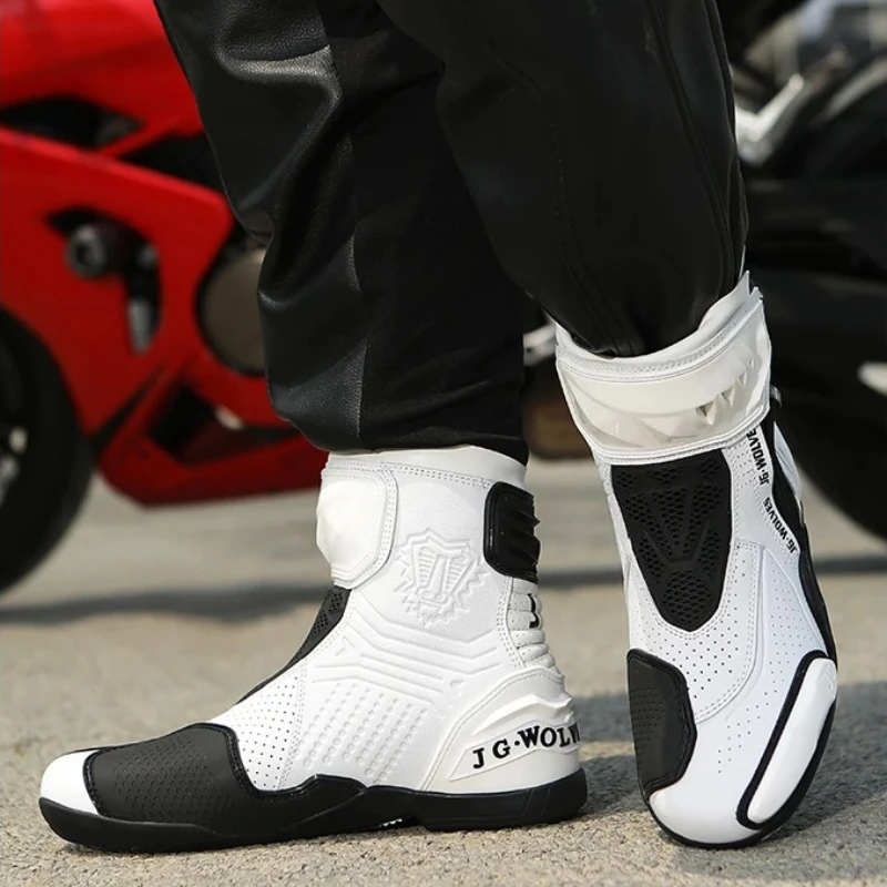 JG High Top Motorbike Boots Men Racing Riding Shoes Breathable Anti Slip TPU Protective Motorcycle Boots Side Zipper Rubber Sole