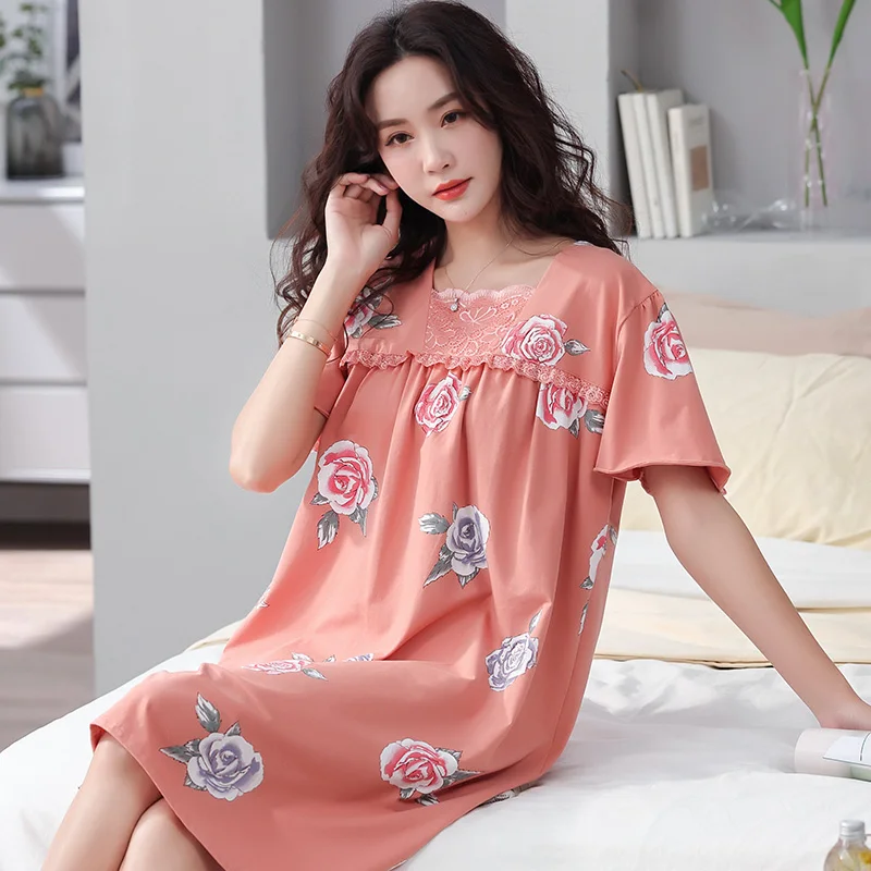 

Summer Modal Cotton Women Nightgown Short Sleeve Elegant Floral Soft Young Female Nightdress Loose M-3XL Fashion Nightwear