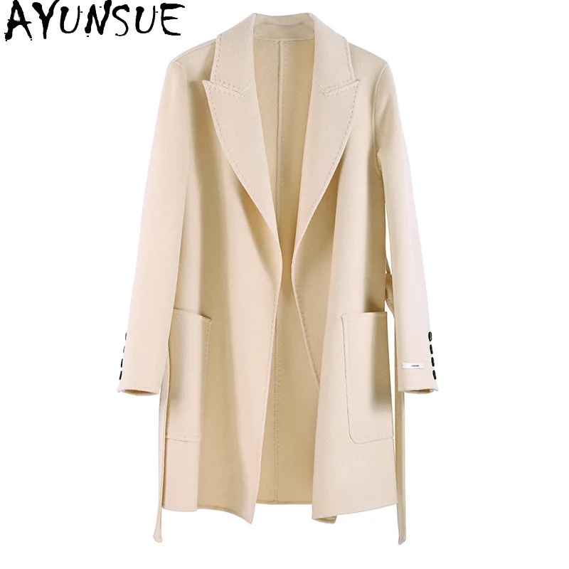 

AYUNSUE 83.2% Wool Coat Women 16.8% Cashmere Winter Clothes Mid-long Elegant Jackets for Woman Belt Double-sided Woolen Coats