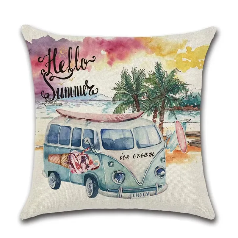 Summer Theme Decorative Linen Cushion Cover Pineapple Coconut Truck Print  Pillowcase Home Chair Decoration Pillowcase