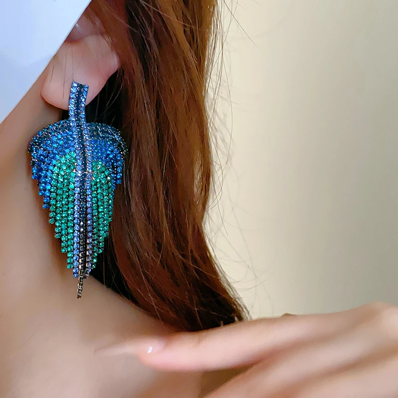 Rhinestone Bluey Leaf Tassel Dangle Earrings Occidental Style Personality Fashion Dainty Silver Needle Earring Wholesale Jewelry