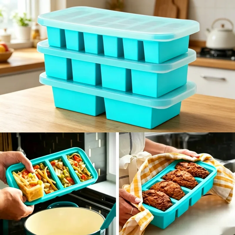 

1PC Silicone Freezer Mold - 2/4/6 Grid with Lid Multi-Functional Refrigerated Storage Box Kitchen Storage Box