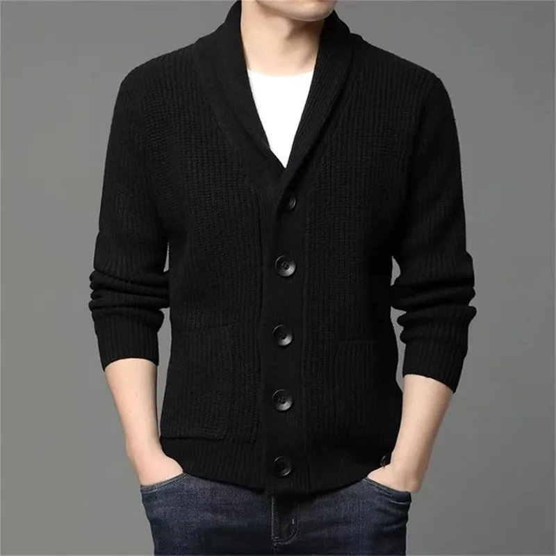 Autumn Winter Men's Thick Button Cardigan Green Fruit Collar Sweater V-neck Solid Color Casual Sweater