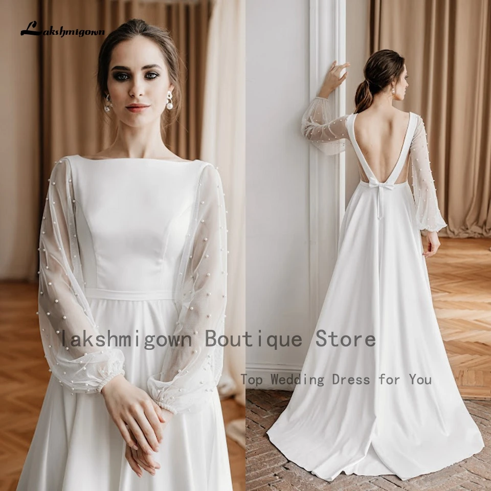 

Hochzeit Scoop Long Sleeve Boho Wedding Dress 2022 Backless Robe Satin Bridal Beach Wedding Dresses Pearls Lakshmigown