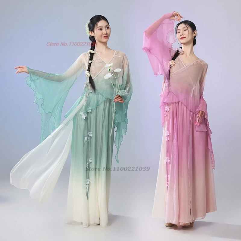 

2026 ancient chinese vintage dance dress traditiona gradient color chiffon hanfu tops+pants set stage performance folk dress