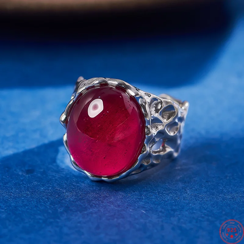 

S925 Sterling Silver Rings for Women Men Retro Irregular Concave Conves Texture Inlaid Ruby Punk Fashion Jewelry Wholesale