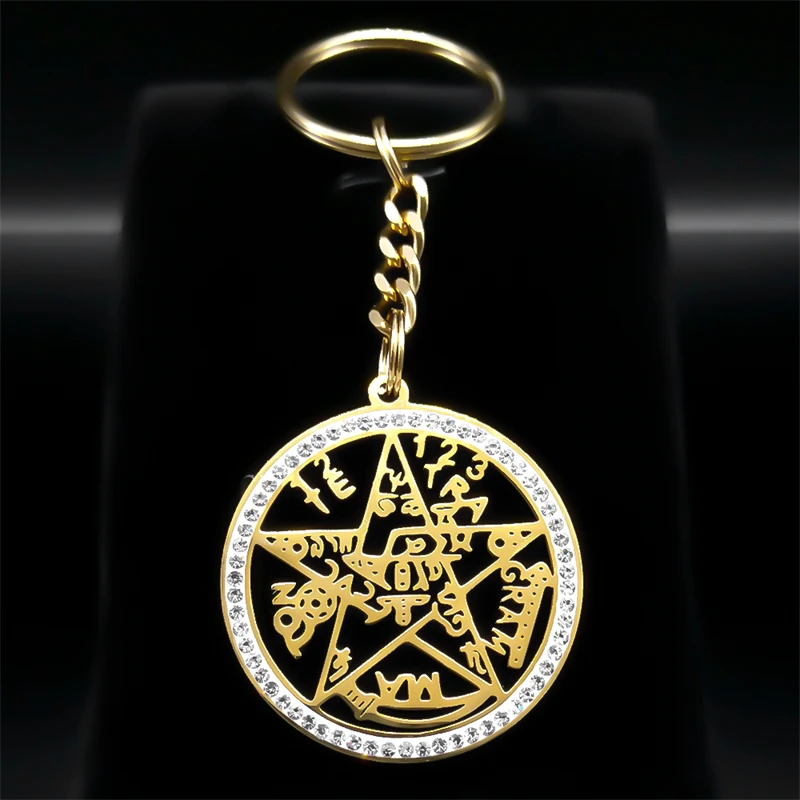 Tetragrammaton Hebrew Star Keychain for Women Men Stainless Steel Rhinestone Gold Color Jehovah Pentagram Keyring Jewelry K54S01