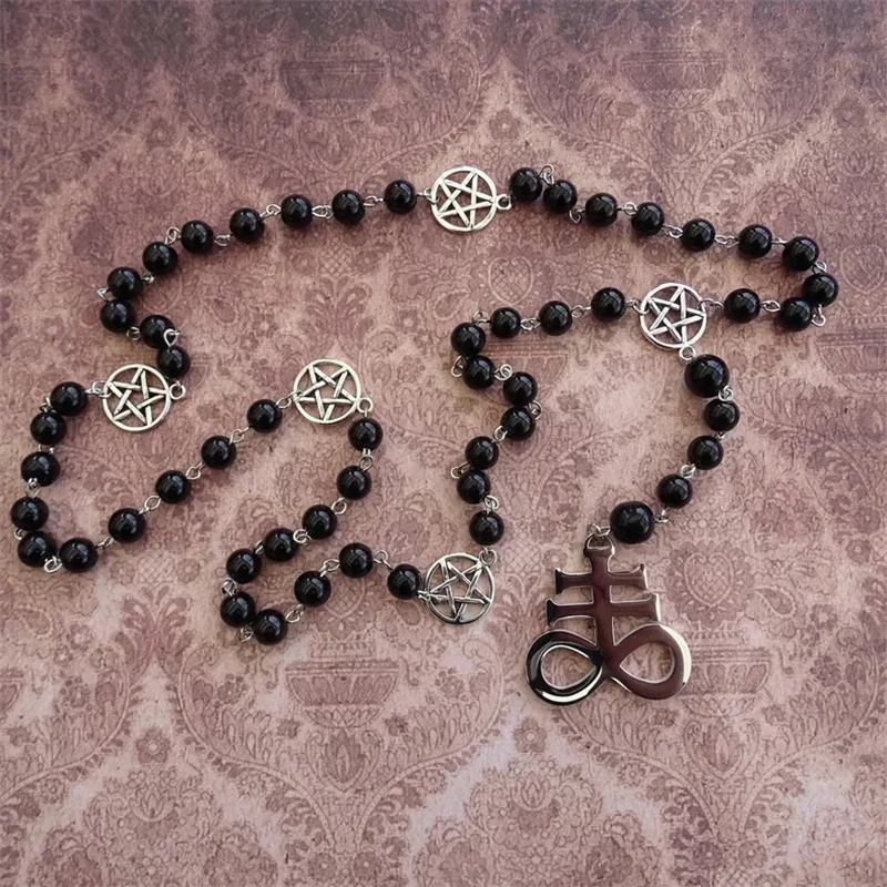 PERSONALIZED Black Rosary with a Stainless Steel Leviathan Cross, Satanic Necklace, Black Pearl Necklace, Demons Prayer Chain