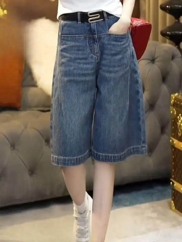 

Retro High Waist Loose Casual A-Line Straight ort Jeans Women's 2026 Summer New Sle Five-Point Denim Pants
