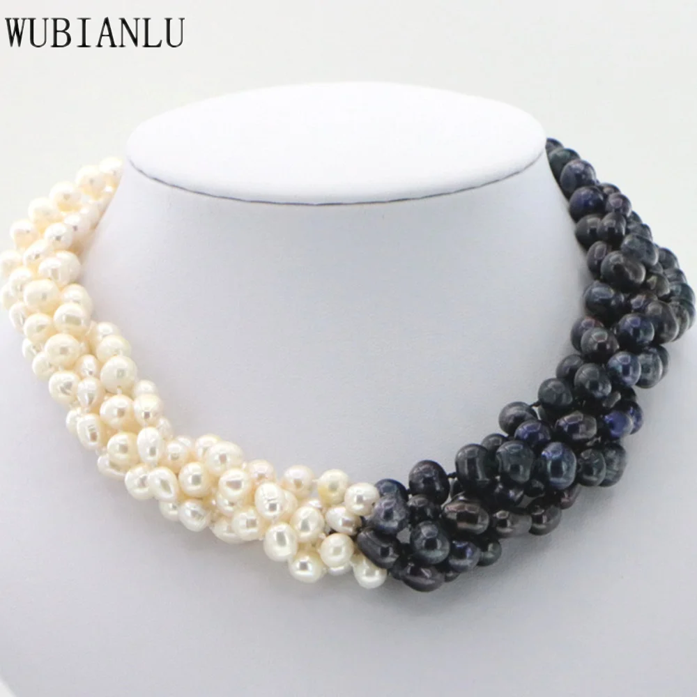 New Arrival 5 Rows 7-8mm White&Black Pearl Necklace Chain 18inch Women Girl Fashion Jewelry Design Make  Wholesale Price JT5587