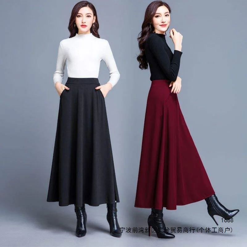 QICHE Women 2026 Plus‑Size High‑Waist A‑Line Umbrella Skirt Angora‑Blend Black Wine‑Red Fall‑Winter Slim Bottom Skirt