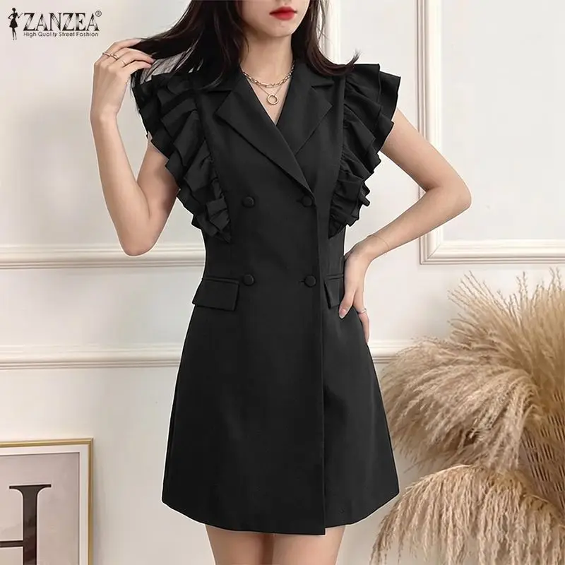 

Women Fashion Lapel Collar Ruffles Knee-Length Dress Short Sleeve Button Up Dresses ZANZEA Summer Elegant Office Work Robe Femme