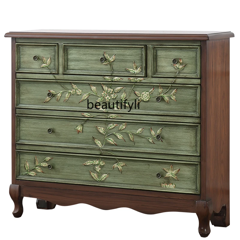 American-Style Narrow Foyer Entrance Cabinet Living Room Curio Cabinet Painted Distressed Bedroom Drawer Chest of Drawers