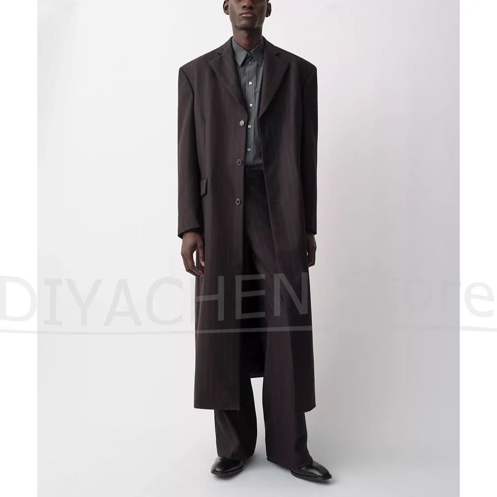 Men Dark Brown Striped Long Suit Set Chic Single Breasted Oversized Outfit Formal Business Casual Streetwear Wedding Party Suits