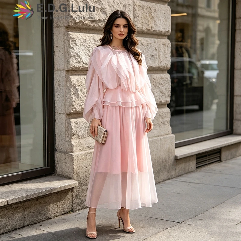 EDGLuLu 2026 Summer New Women's O Neck Lotus Leaf Edge Splicing Long Dress Fashion Sweet Elegant Pink Dress 0626
